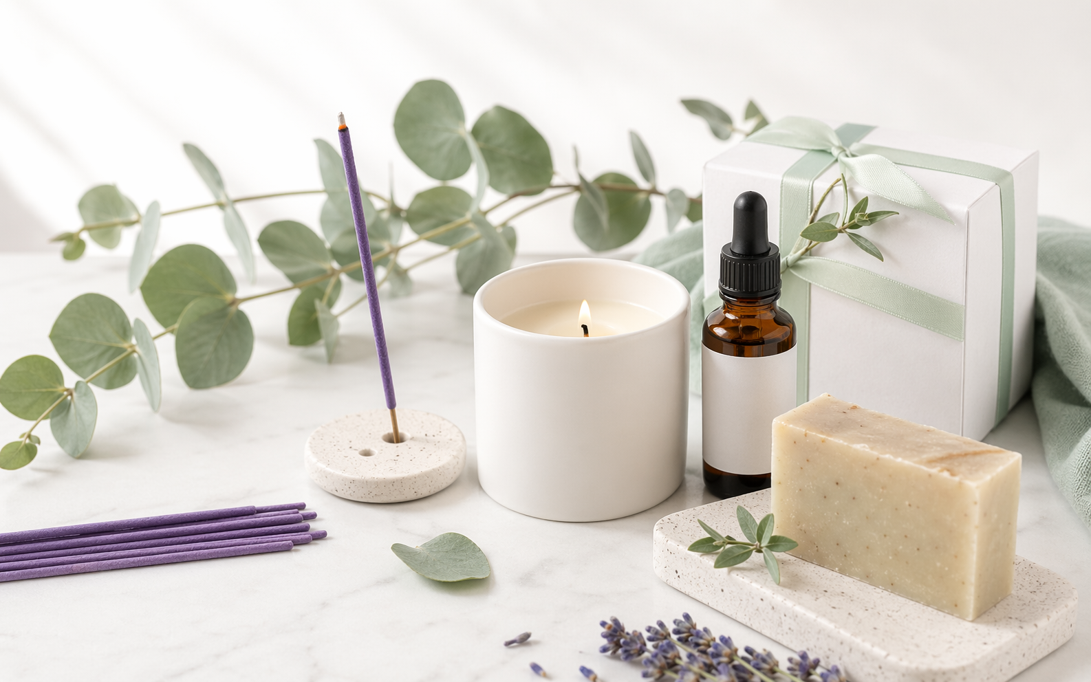 Arrangement of a candle, incense, aromatherapy oil, soap, and gift box